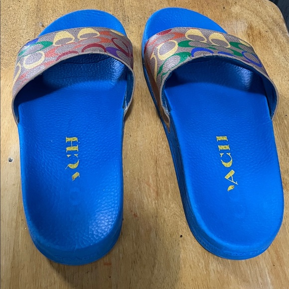 Coach Men Blue Slides with Multicolor Coach Logo Pattern - Picture 4 of 9
